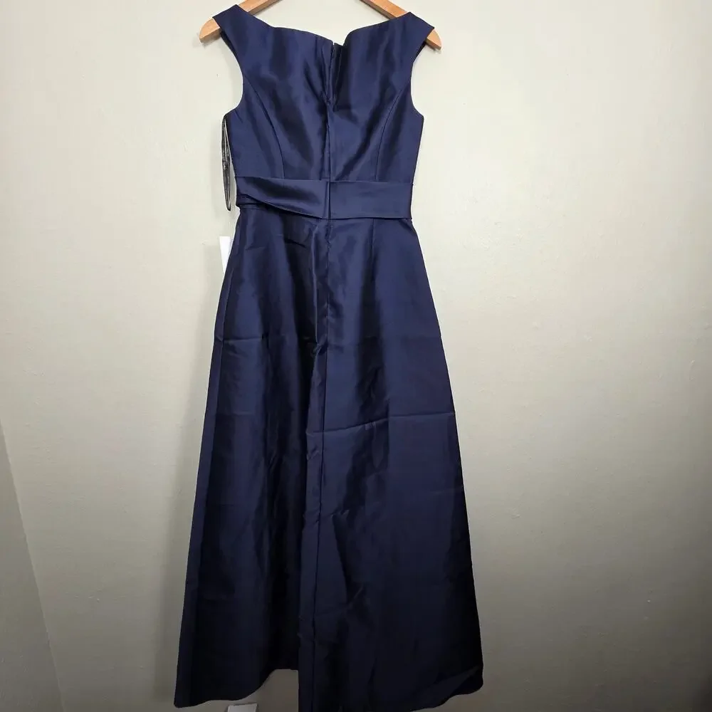 NWT Alfred Sung Off The Shoulder Draped Wrap Satin Maxi Dress Midnight Navy 4R - Picture 8 of 11